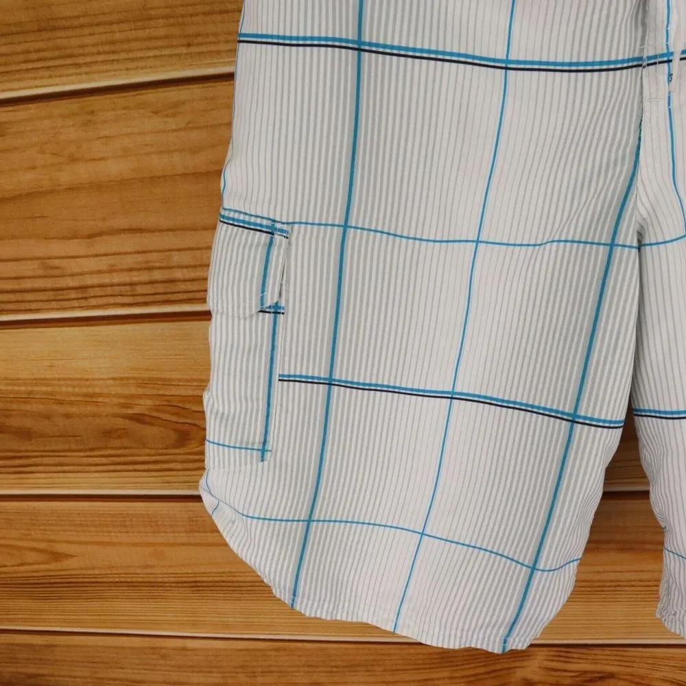 OP‎ Ocean Pacific Swim Trunks Mens M White Gray Stripes Checks Drawstring Pocket